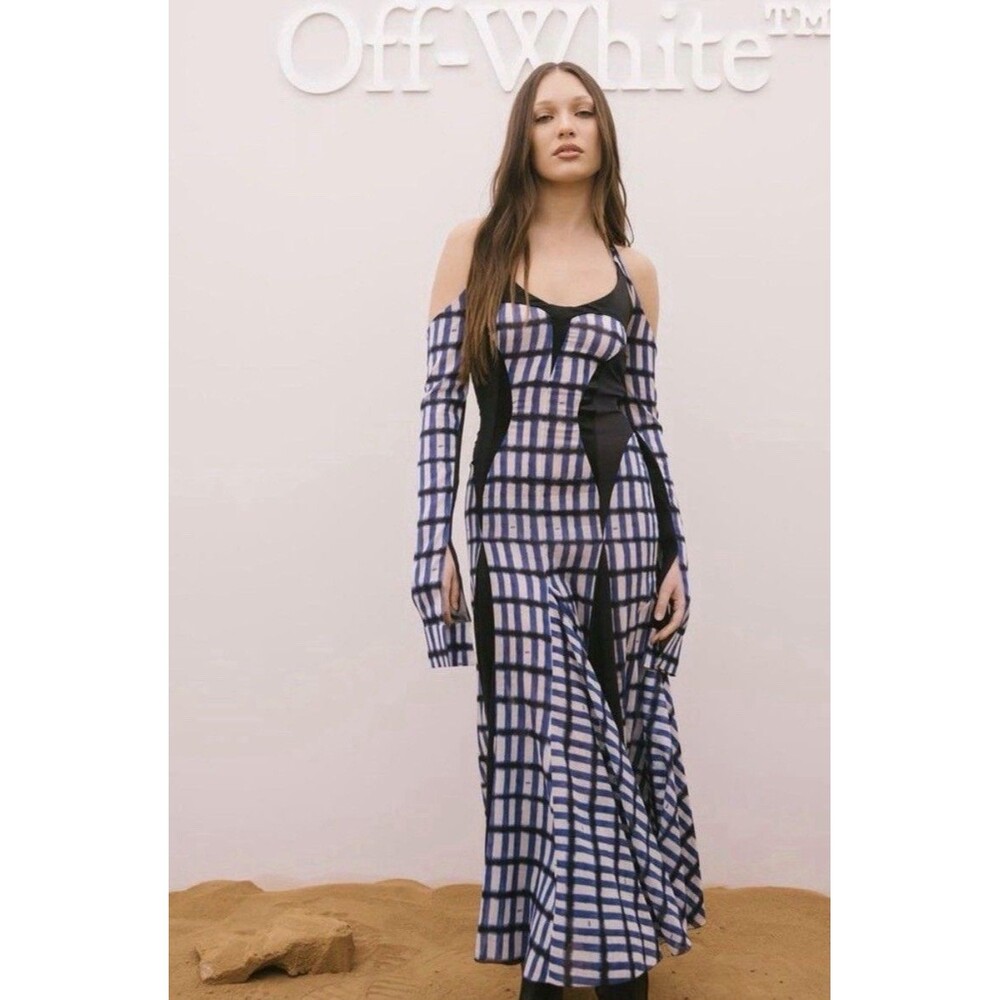Off White Shibori Geo Cycle Silk Midi Cobalt Blue Dress Size 42 NWT Retail $4000